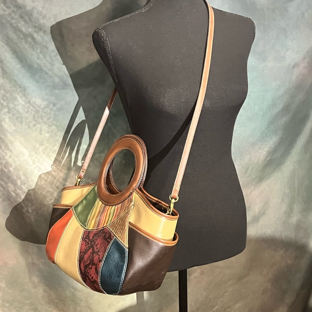 Relic by Fossil Multi-Color Patchwork Handbag Brown Faux Leather Satchel Bag - Picture 13 of 13